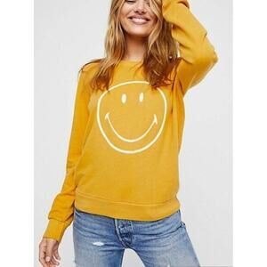 Daydreamer x Free People Sweet Talkin' Sweatshirt Top Gold Smiley Face Graphic S
